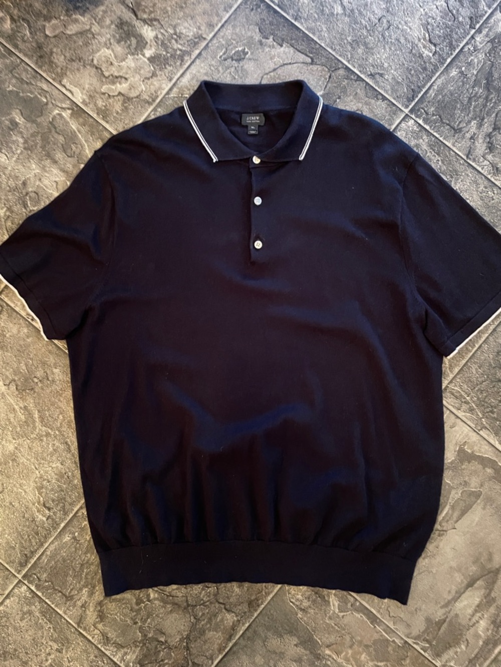 J. CREW Italian Cotton Navy Preppy Polo Collar Sweater w White Contrast Trim